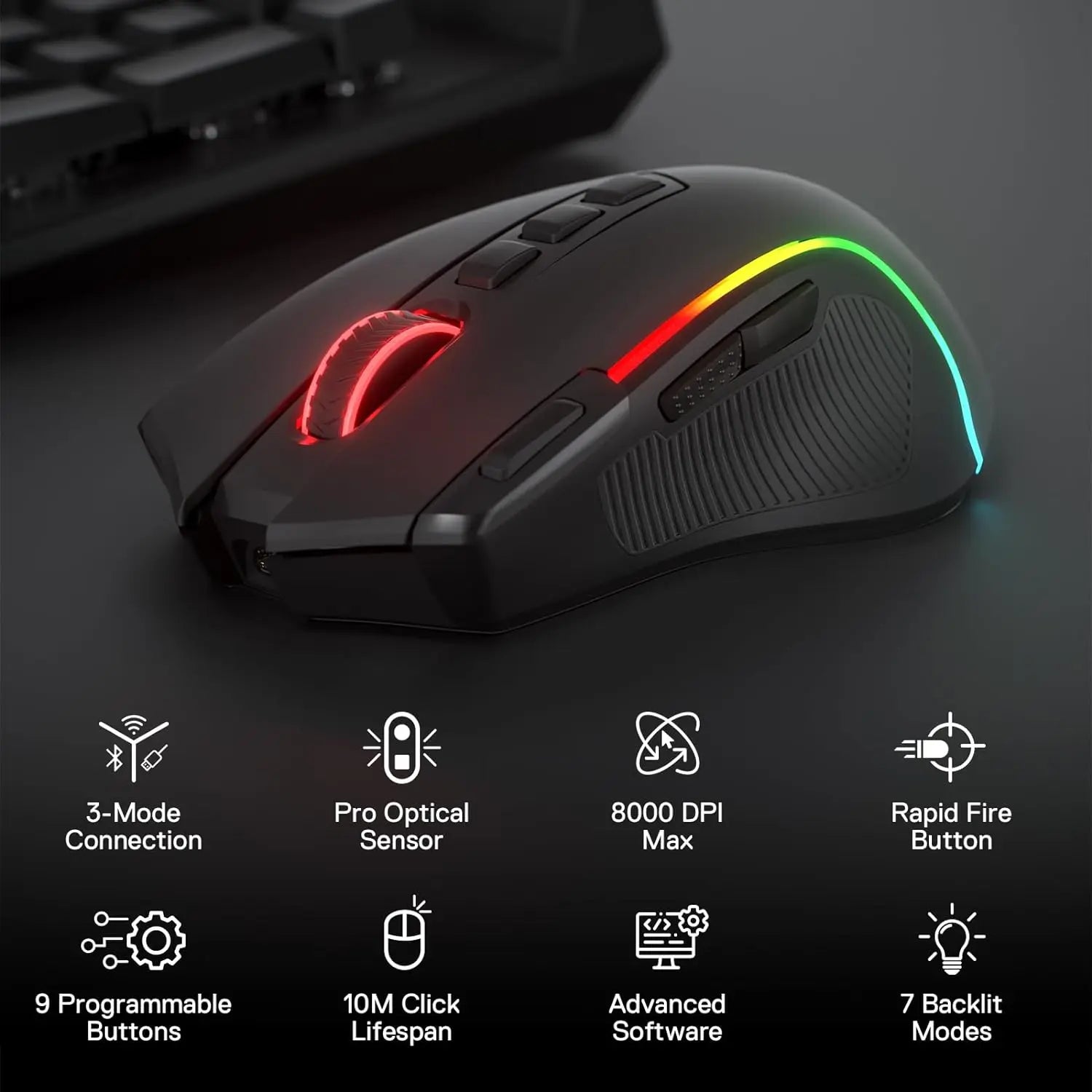 Redragon M612 PRO BT & 2.4RGB Gaming Mouse, 8000 DPI Wired/Wireless Optical Gamer Mice 11 Programmable Buttons & 6 Backlit Modes