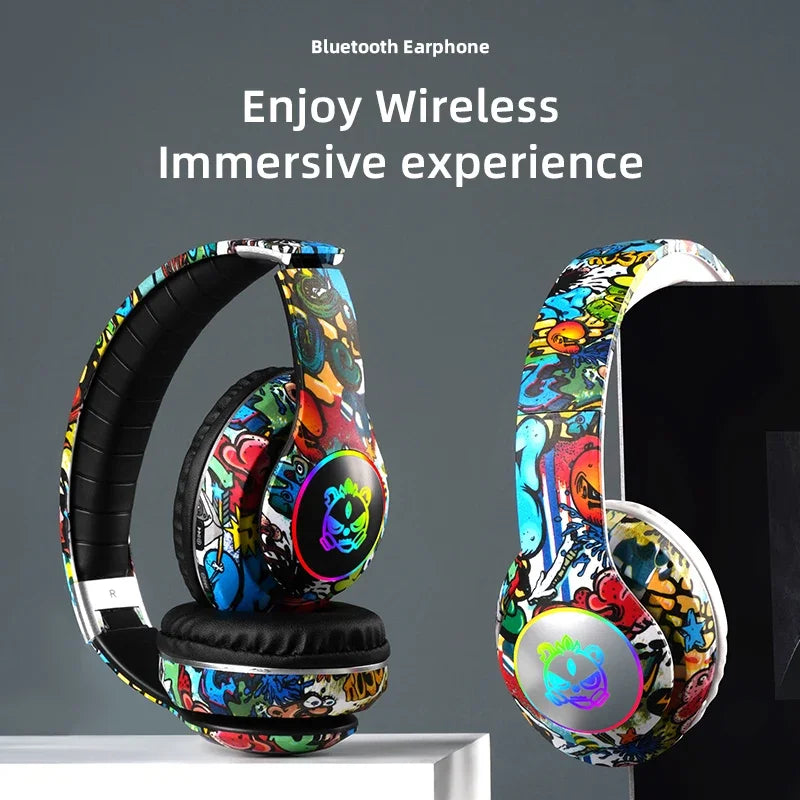 Graffiti Bluetooth Headphones Wireless LED Light Game Doodle Wireless Headsets With Mic  For Kids Boy Girl Gift Support TF Card