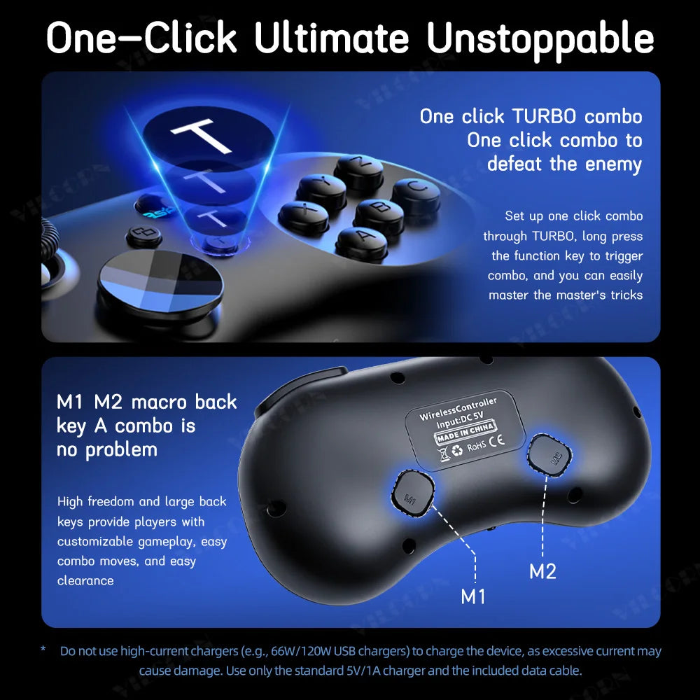 Y04 Wireless Game Controller for Switch/PC/PS4 – Hall Effect Joystick, 6-Button Layout Arcade Gamepad with Turbo & Back Buttons