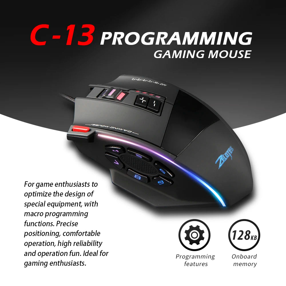 ZELOTES C13 Wired Mouse Programming Gaming Mouse 13 Keys 10000DPI RGB Light Laser Mouse for Laptop Computer PC