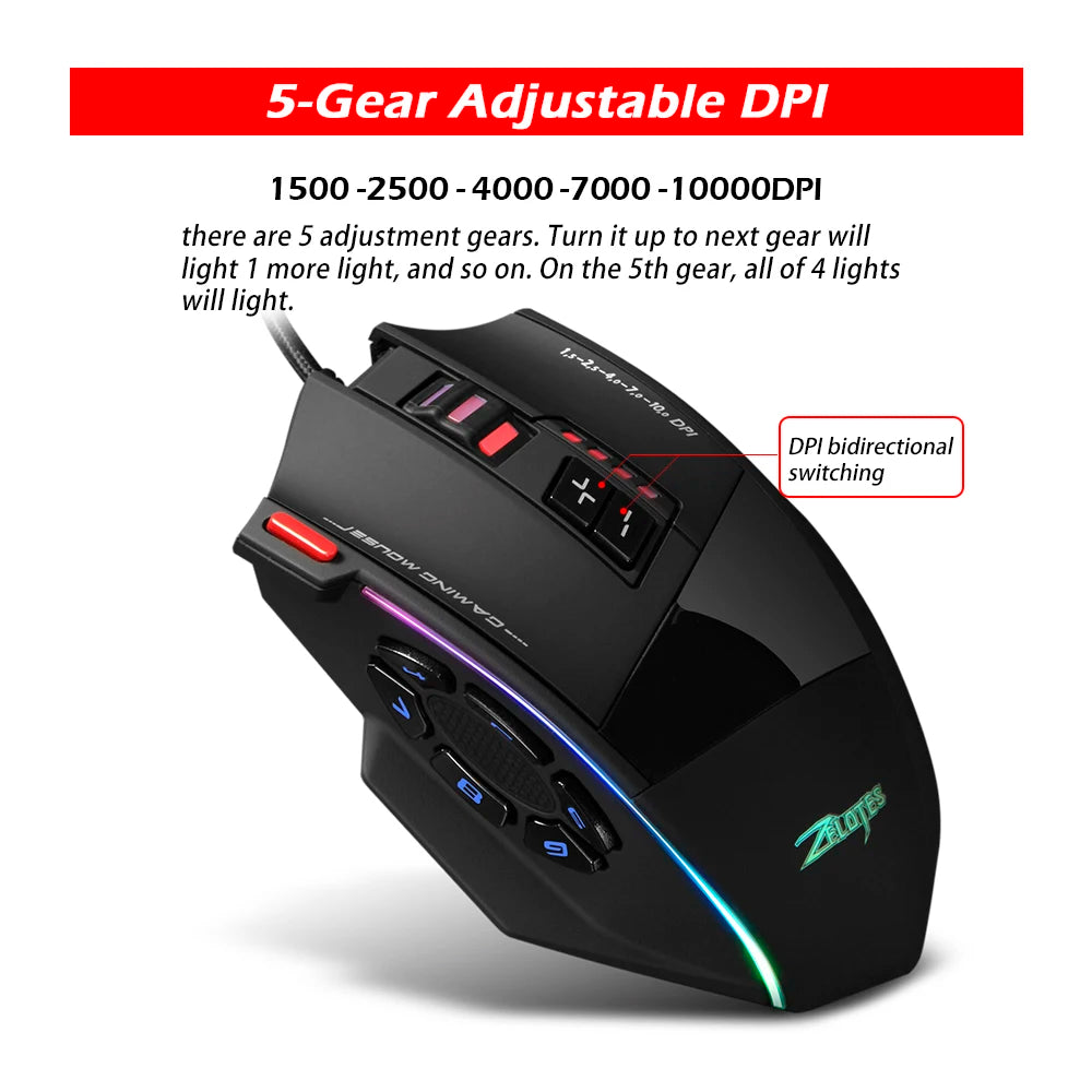ZELOTES C13 Wired Mouse Programming Gaming Mouse 13 Keys 10000DPI RGB Light Laser Mouse for Laptop Computer PC