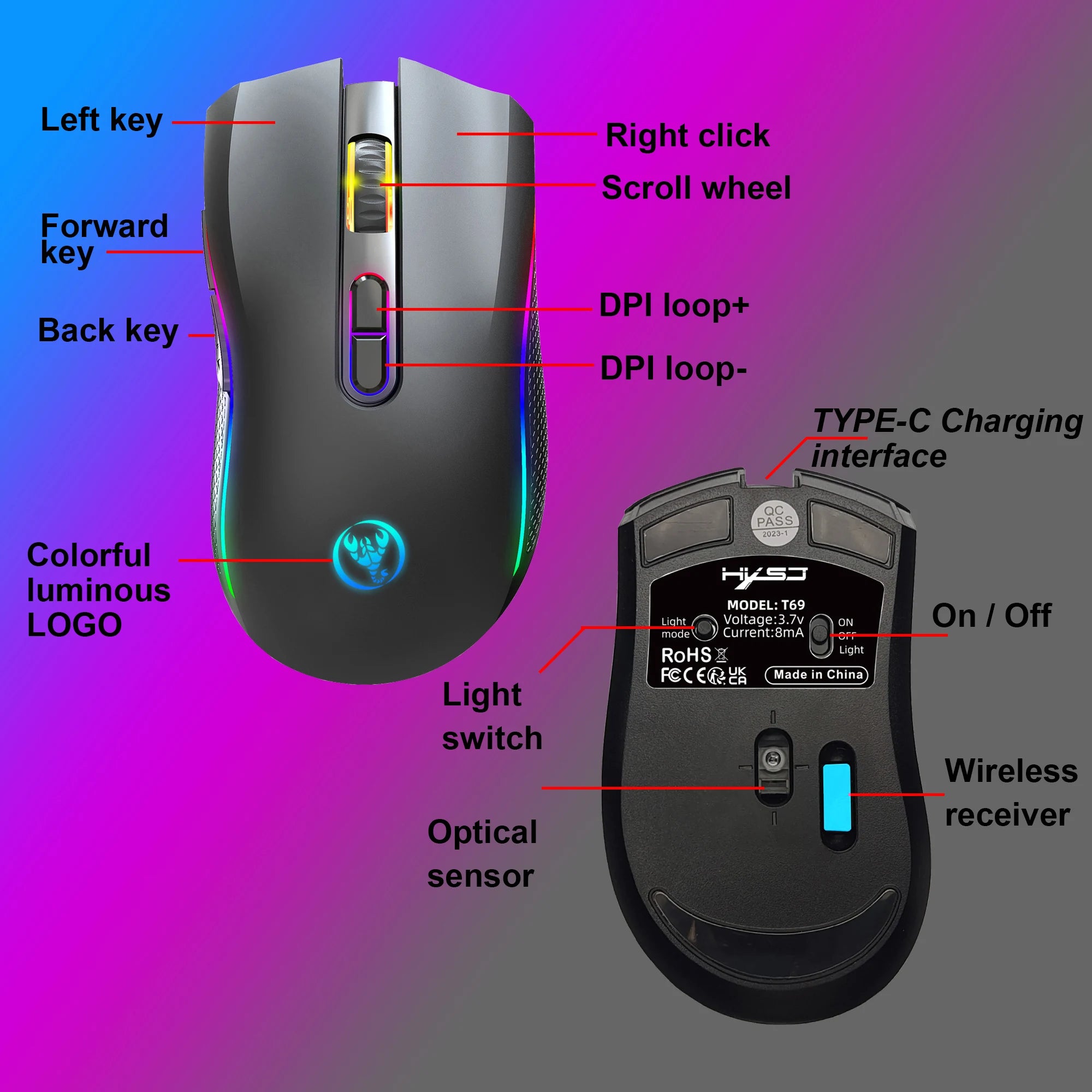Rechargeable 2.4G Wireless RGB Gaming Mouse Ergonomic Gaming Backlit Mice for Laptop PC