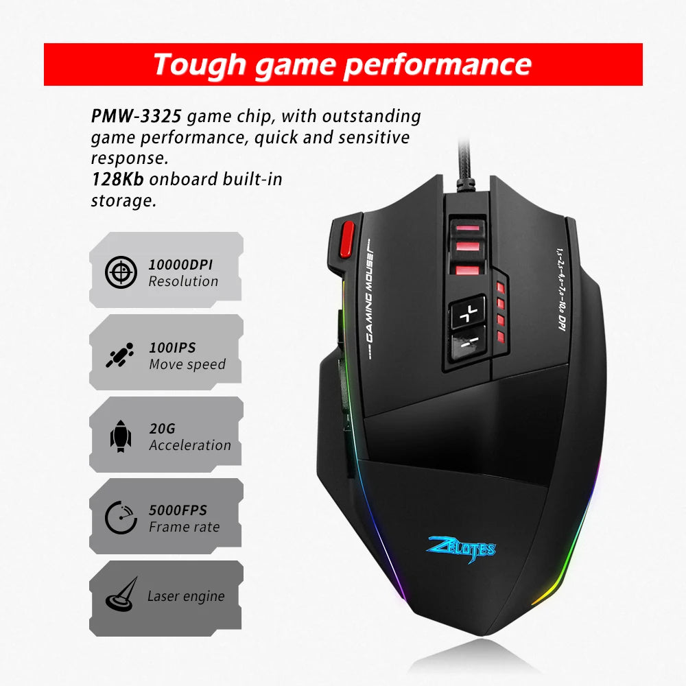 ZELOTES C13 Wired Mouse Programming Gaming Mouse 13 Keys 10000DPI RGB Light Laser Mouse for Laptop Computer PC