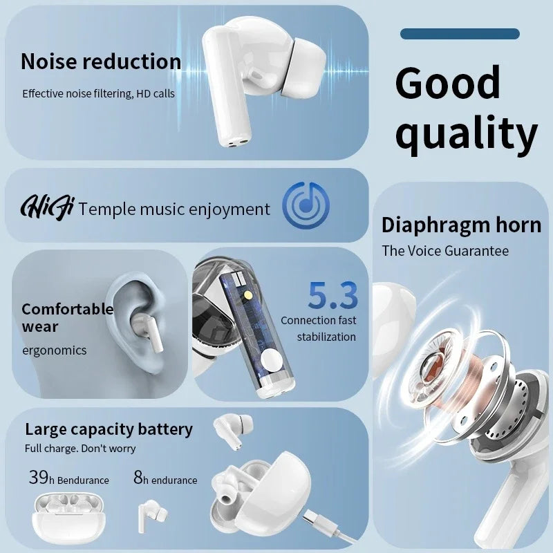 New Bluetooth Earphones TWS Touch Control HiFi Wireless Headphone Mic Noise Reduction Earbuds Waterproof Game Motion